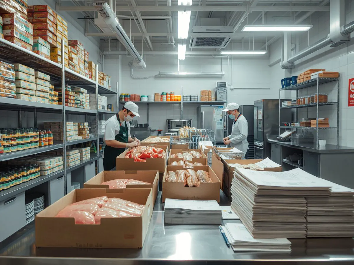 新火锅店厨房内食材整齐上架,工作人员核对库存
