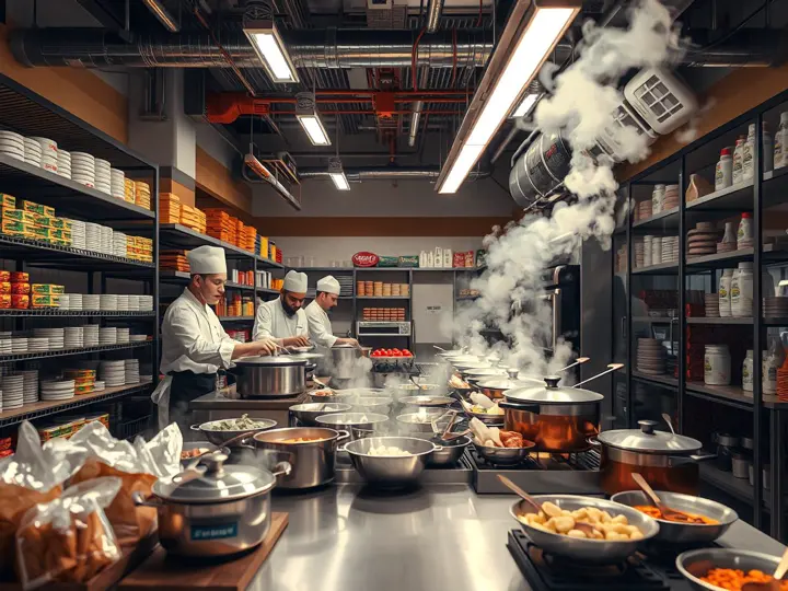 火锅店开业后厨房忙碌场景,食材供应充足