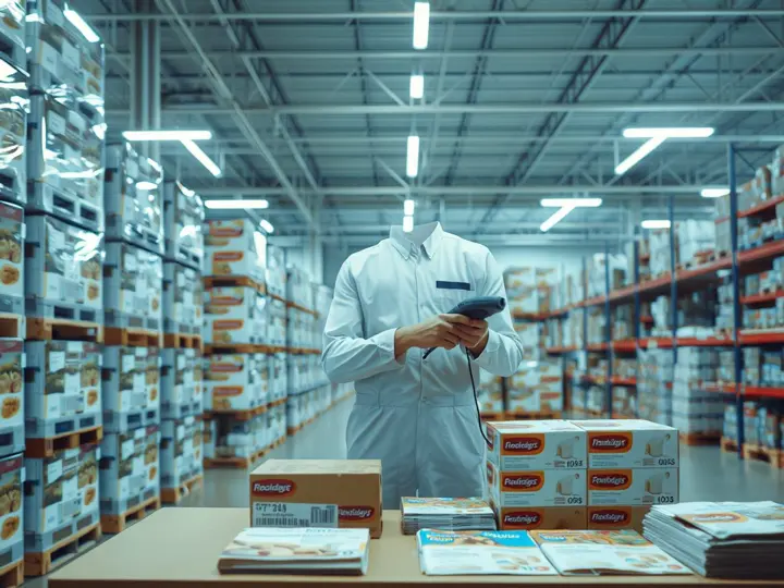 冷链仓库中工作人员正在盘点蟹棒库存