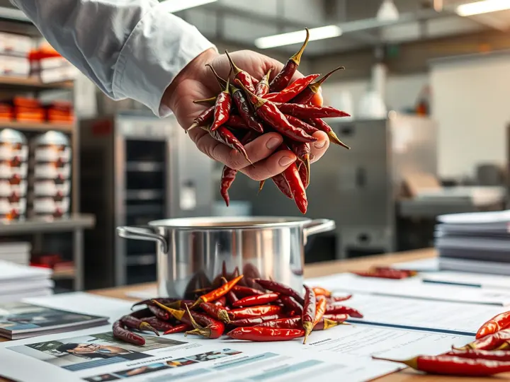 厨师手持干辣椒,准备用于火锅底料熬制