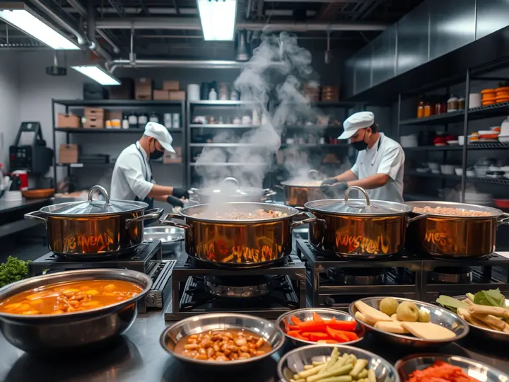 火锅后厨场景,厨师正在准备锅底,背景货架摆满食材
