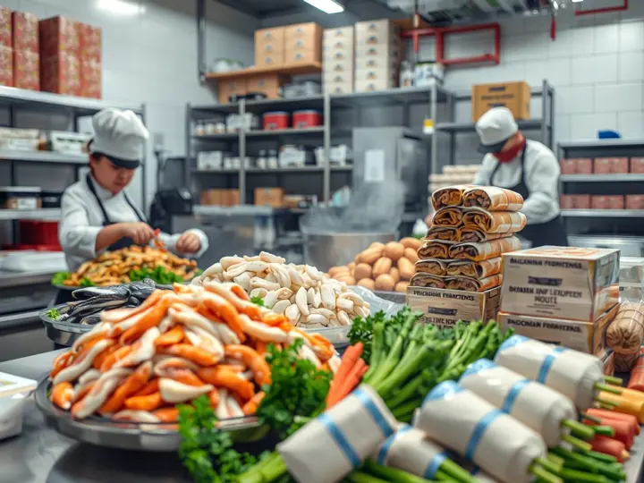 火锅门店厨房内厨师准备应季食材