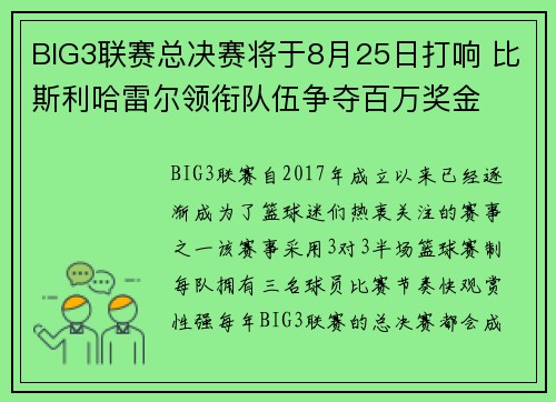 BIG3联赛总决赛将于8月25日打响 比斯利哈雷尔领衔队伍争夺百万奖金