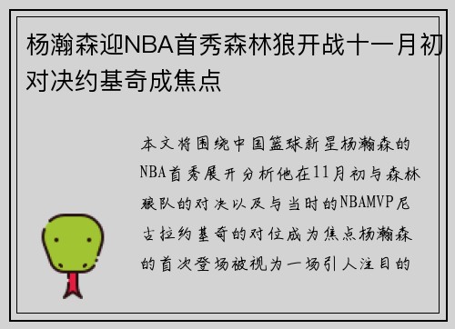 杨瀚森迎NBA首秀森林狼开战十一月初对决约基奇成焦点